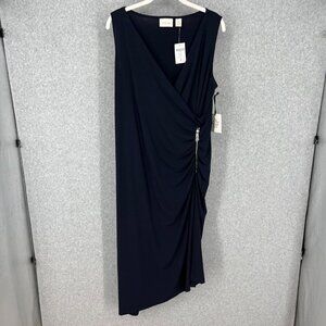 Chicos Knit Kit Solid Zip Dress Size L Navy Blue Asymmetrical Surplice Slink NEW